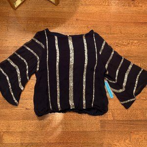 Alice+Olivia Navy Silk Beaded Blouse